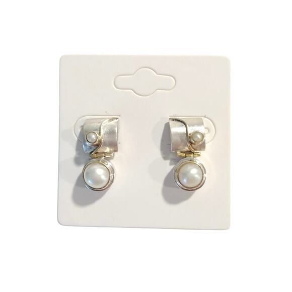 EP Signed Freshwater Pearls Dangle Earrings 14k yellow Gold Sterling Silver 925 - Picture 2 of 10